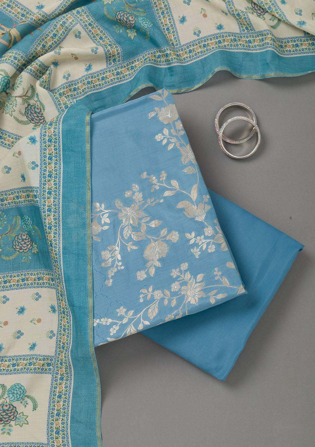 Sky Blue Zariwork Art Silk Unstitched Salwar Suit