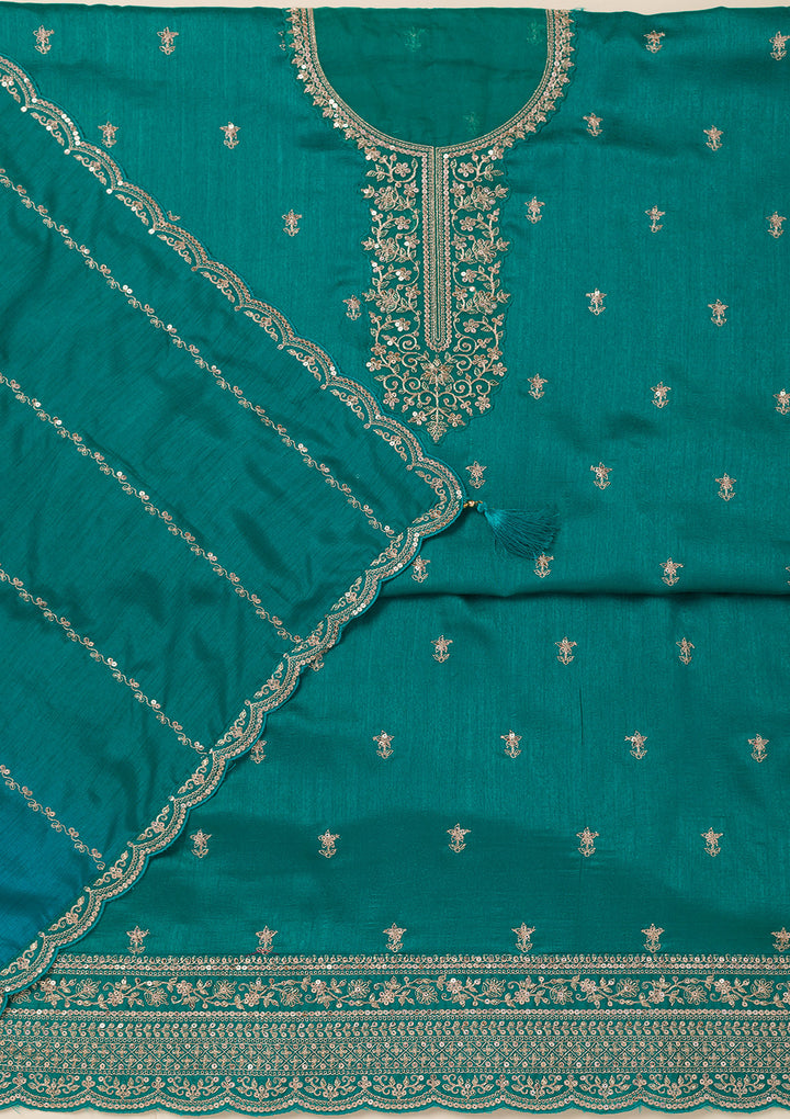 Sea Green Cording Soft Raw Silk Unstitched Salwar Suit
