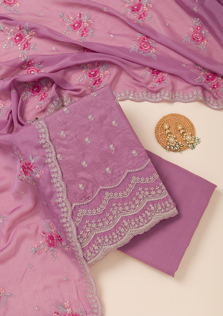 Lavender Soft Raw Silk Cording Unstitched Dress Material With Matching Bottom And Dupatta