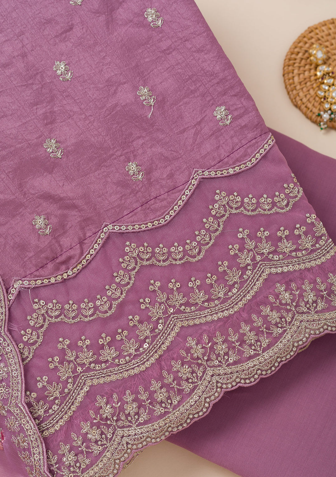 Lavender Soft Raw Silk Cording Unstitched Dress Material With Matching Bottom And Dupatta