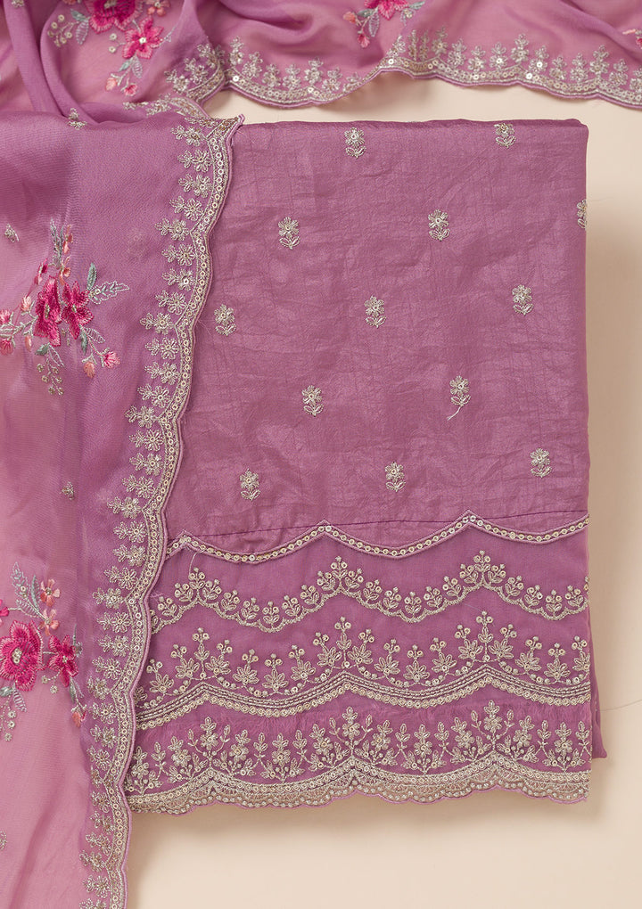 Lavender Soft Raw Silk Cording Unstitched Dress Material With Matching Bottom And Dupatta