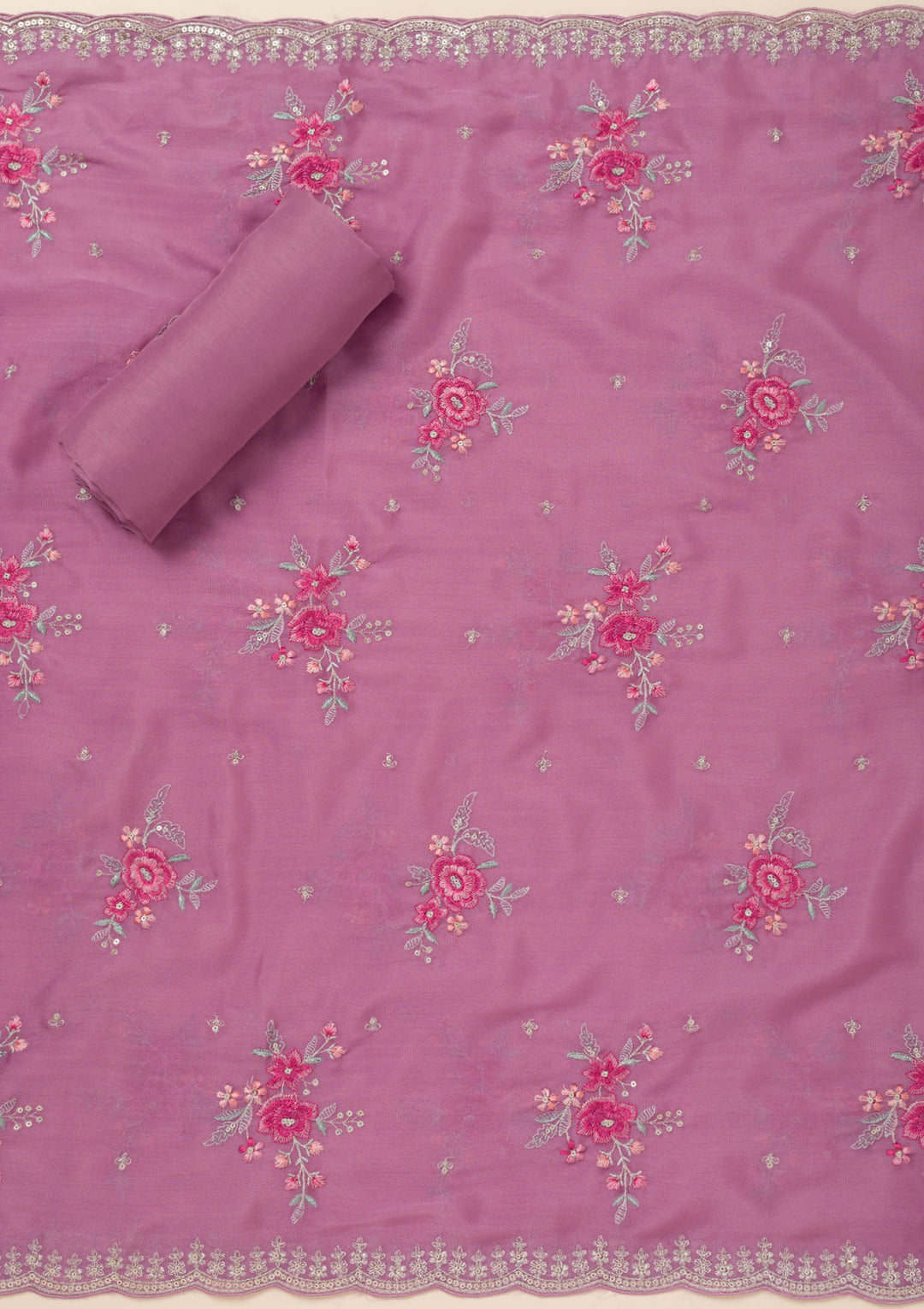 Lavender Soft Raw Silk Cording Unstitched Dress Material With Matching Bottom And Dupatta