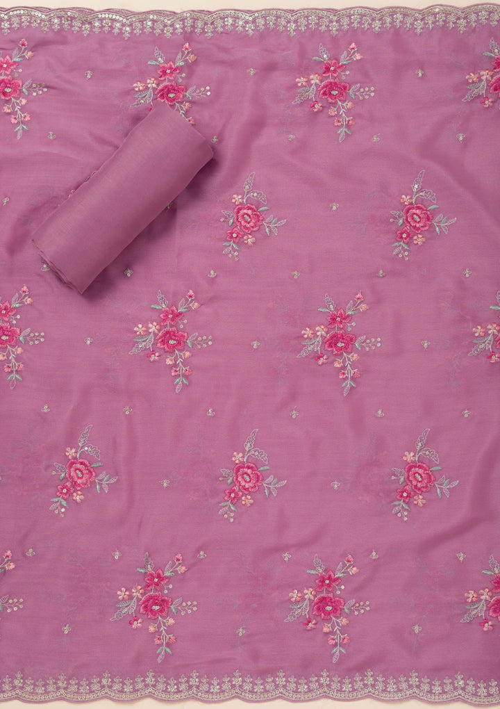 Lavender Soft Raw Silk Cording Unstitched Dress Material With Matching Bottom And Dupatta