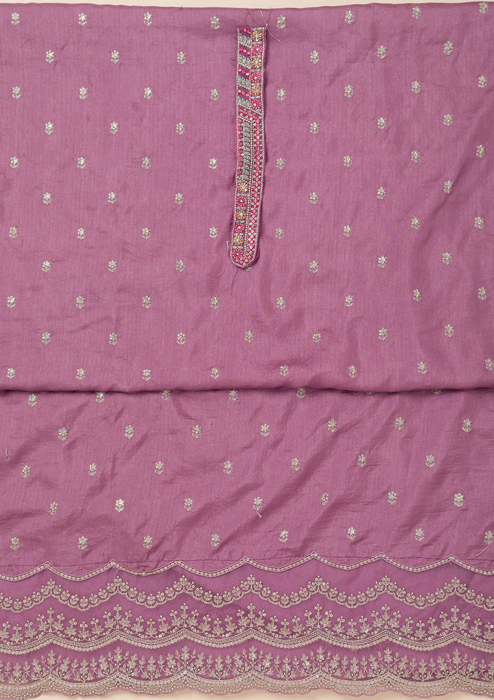 Lavender Soft Raw Silk Cording Unstitched Dress Material With Matching Bottom And Dupatta