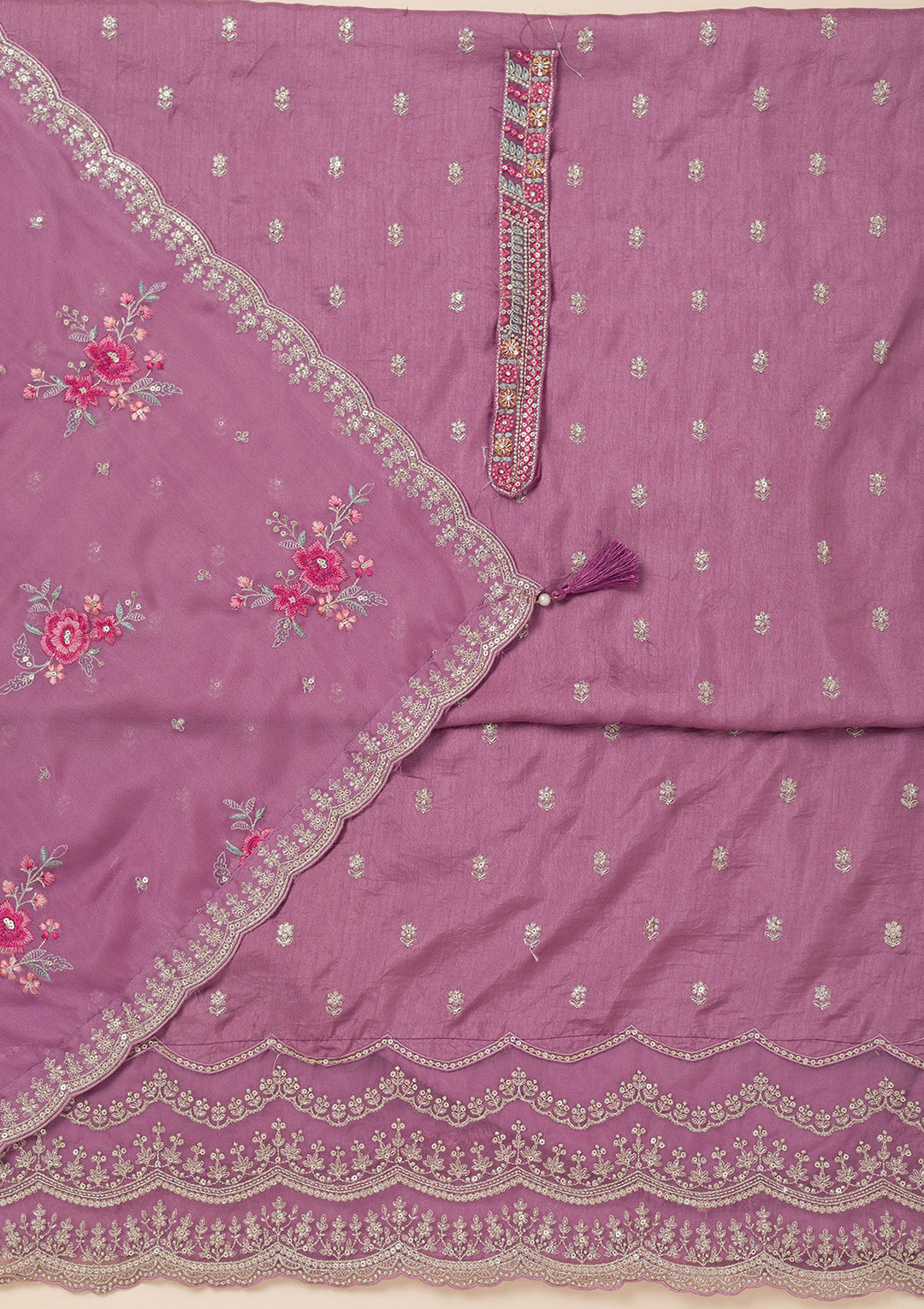 Lavender Soft Raw Silk Cording Unstitched Dress Material With Matching Bottom And Dupatta