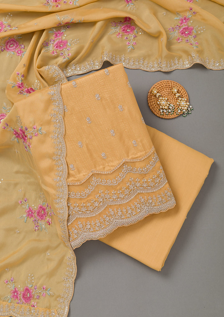 Yellow Soft Raw Silk Cording Unstitched Dress Material With Matching Bottom And Dupatta