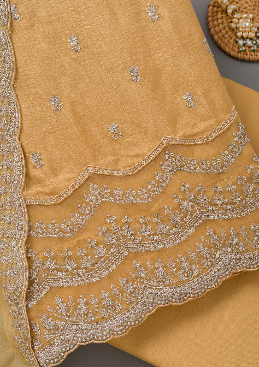 Yellow Soft Raw Silk Cording Unstitched Dress Material With Matching Bottom And Dupatta
