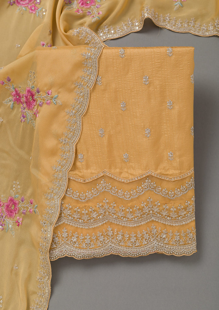 Yellow Soft Raw Silk Cording Unstitched Dress Material With Matching Bottom And Dupatta