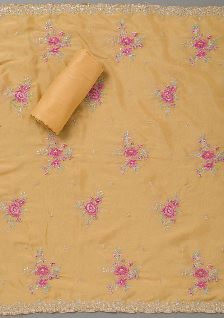 Yellow Soft Raw Silk Cording Unstitched Dress Material With Matching Bottom And Dupatta