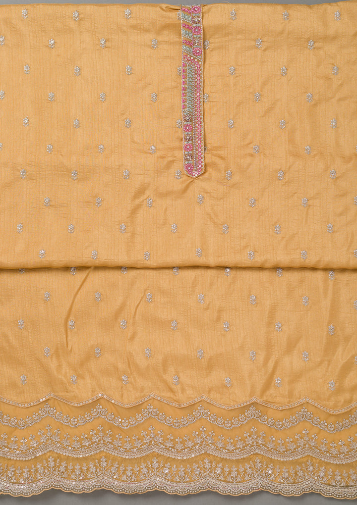 Yellow Soft Raw Silk Cording Unstitched Dress Material With Matching Bottom And Dupatta