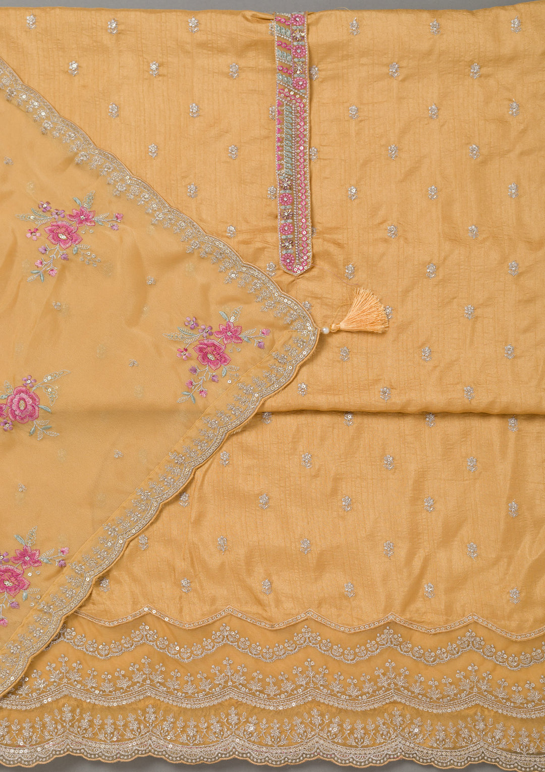 Yellow Soft Raw Silk Cording Unstitched Dress Material With Matching Bottom And Dupatta