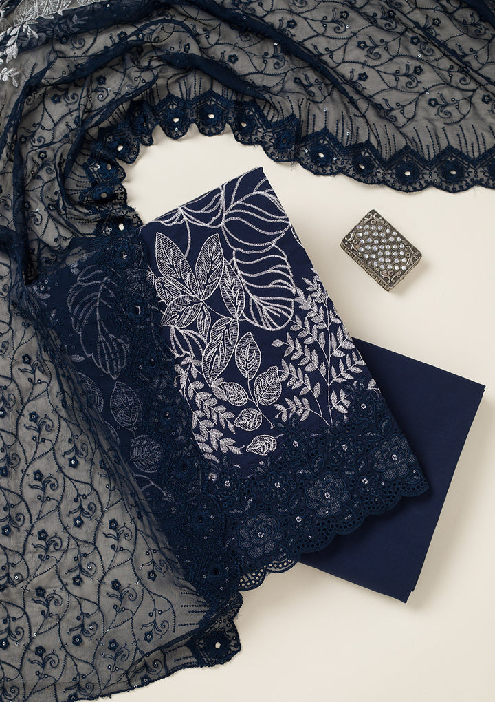 Peacock Blue Cotton Threadwork Unstitched Dress Material With Matching Bottom And Dupatta