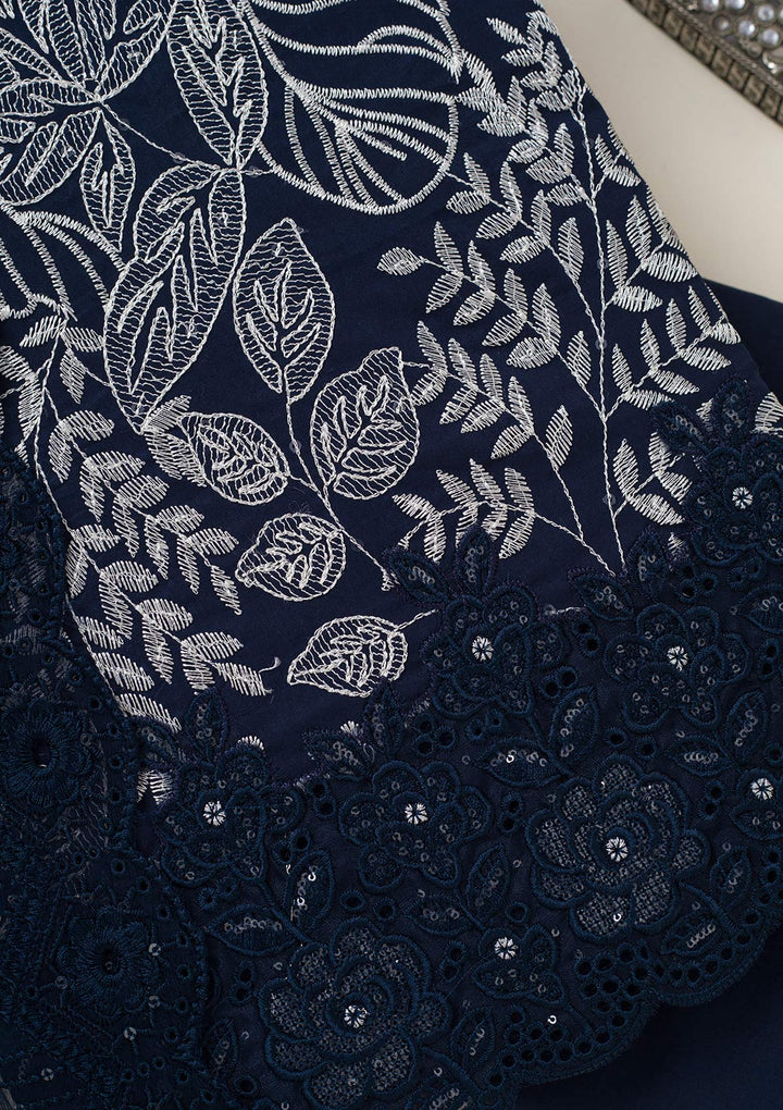Peacock Blue Cotton Threadwork Unstitched Dress Material With Matching Bottom And Dupatta