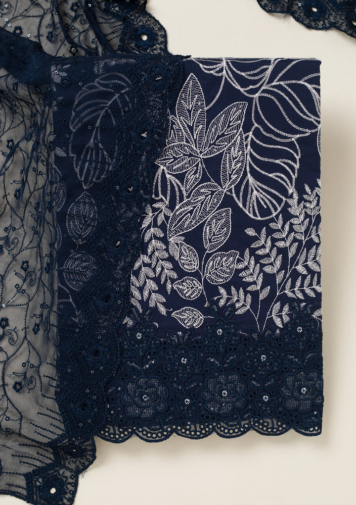 Peacock Blue Cotton Threadwork Unstitched Dress Material With Matching Bottom And Dupatta