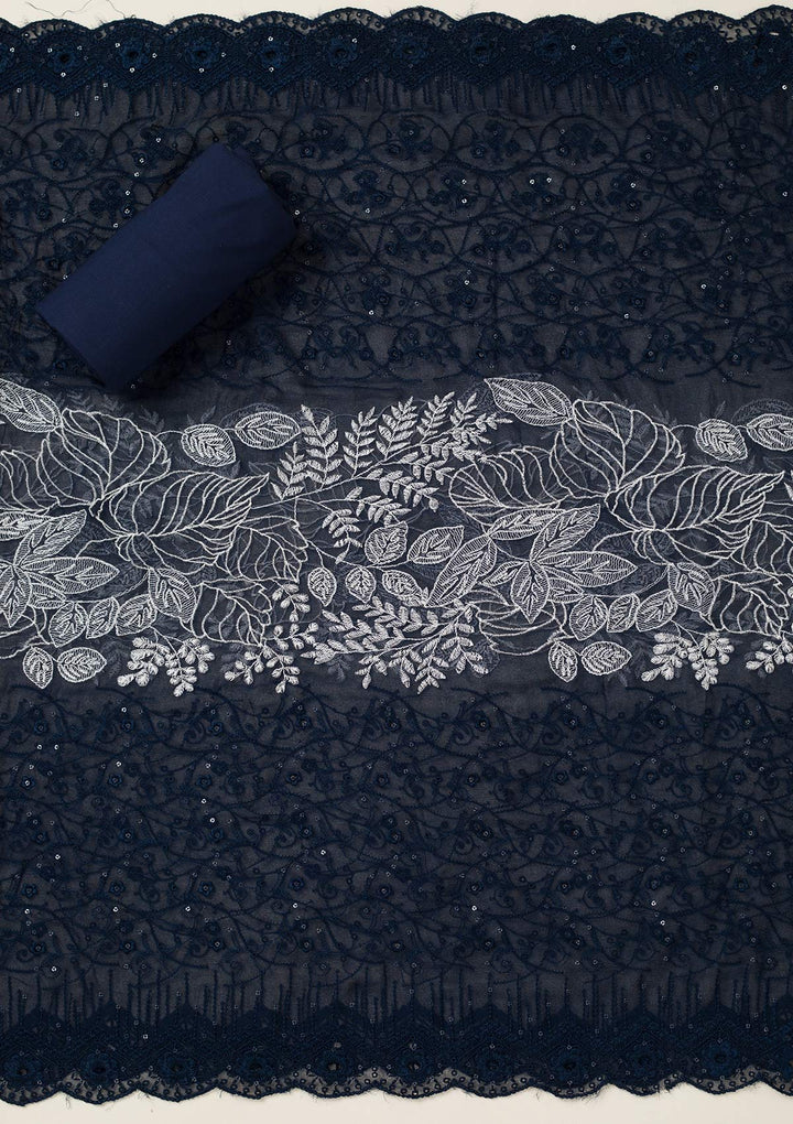 Peacock Blue Cotton Threadwork Unstitched Dress Material With Matching Bottom And Dupatta