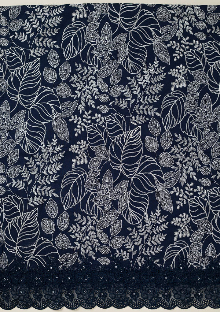 Peacock Blue Cotton Threadwork Unstitched Dress Material With Matching Bottom And Dupatta
