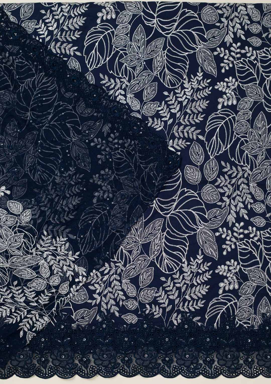 Peacock Blue Cotton Threadwork Unstitched Dress Material With Matching Bottom And Dupatta