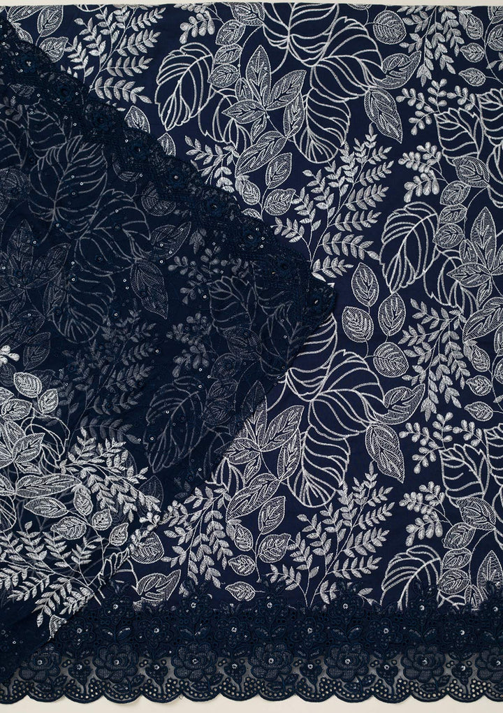 Peacock Blue Cotton Threadwork Unstitched Dress Material With Matching Bottom And Dupatta