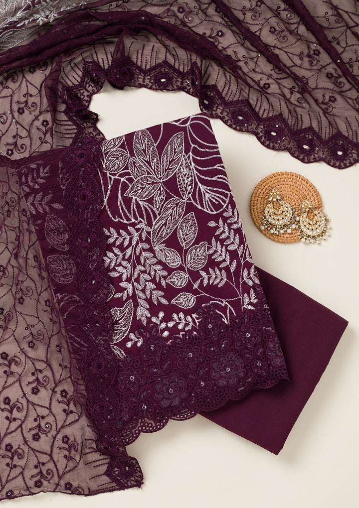 Wine Cotton Threadwork Unstitched Dress Material With Matching Bottom And Dupatta