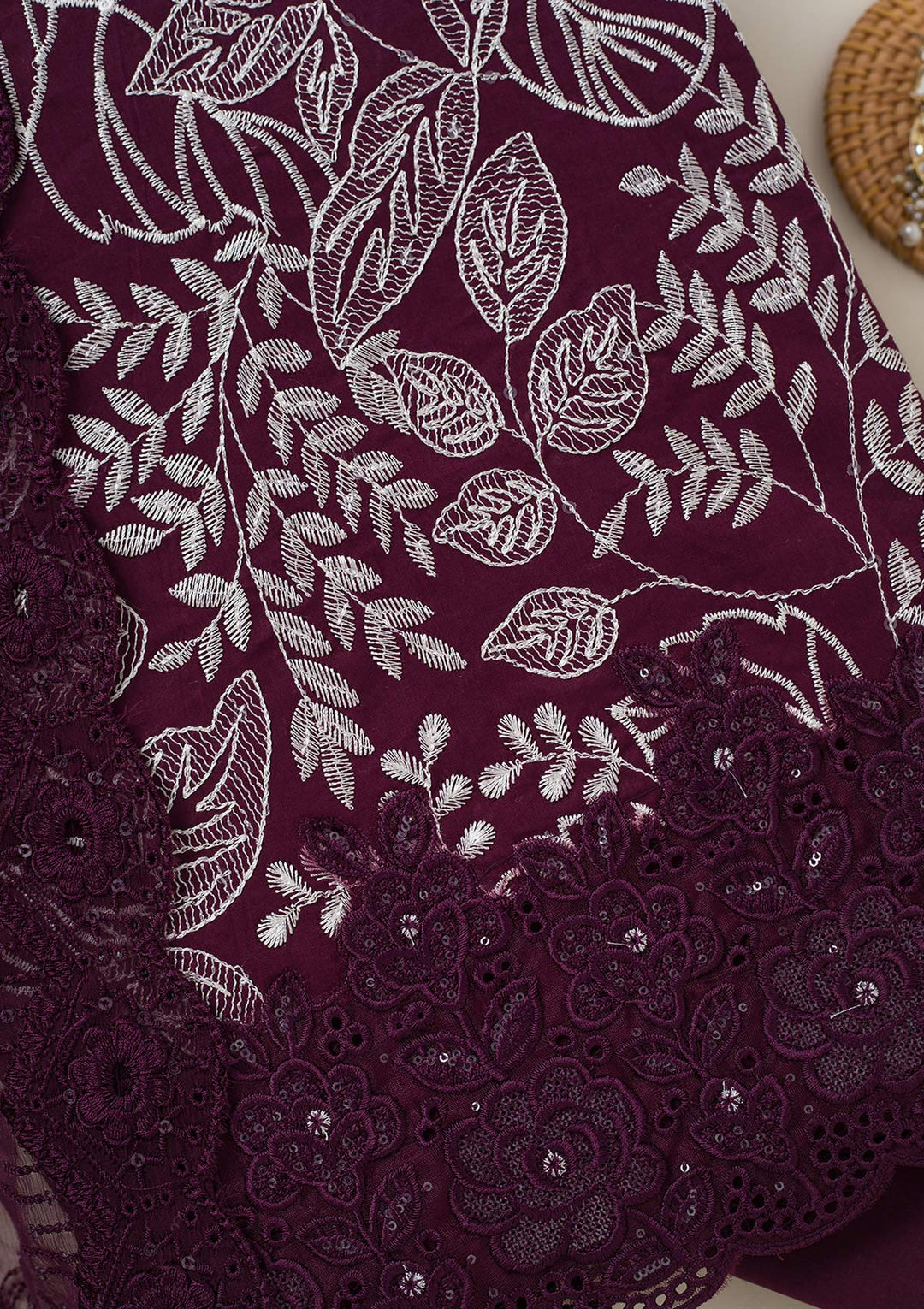 Wine Cotton Threadwork Unstitched Dress Material With Matching Bottom And Dupatta
