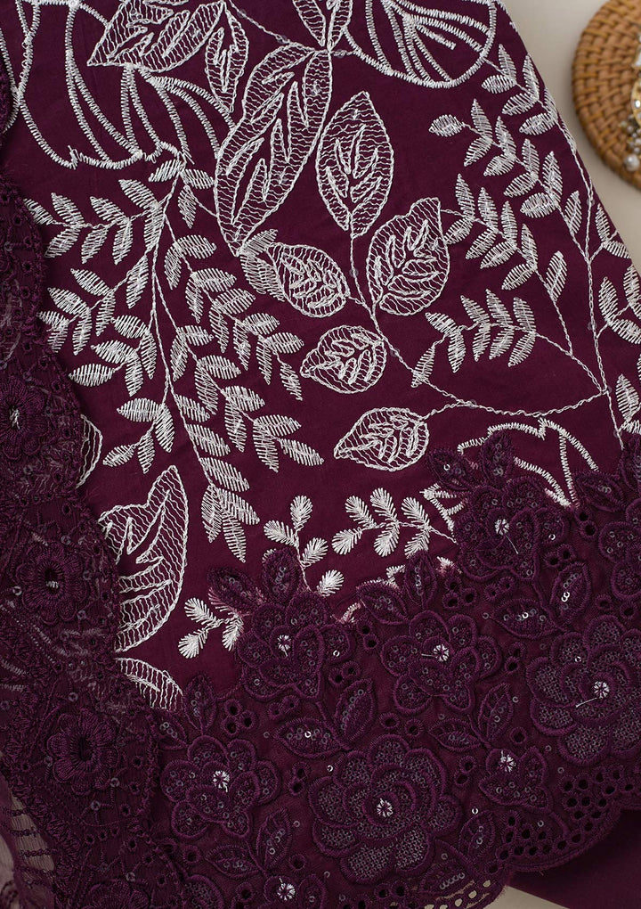 Wine Cotton Threadwork Unstitched Dress Material With Matching Bottom And Dupatta