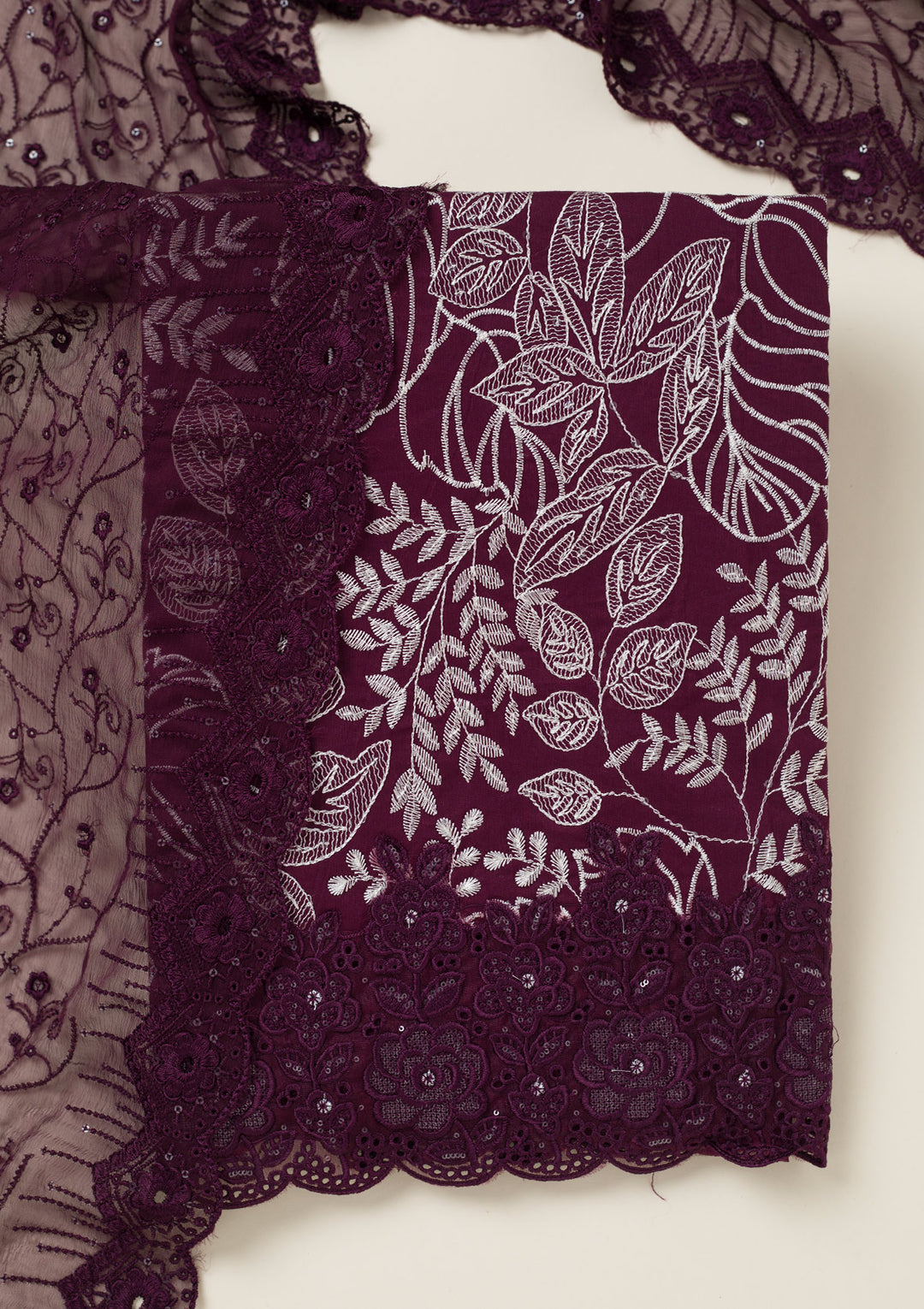 Wine Cotton Threadwork Unstitched Dress Material With Matching Bottom And Dupatta