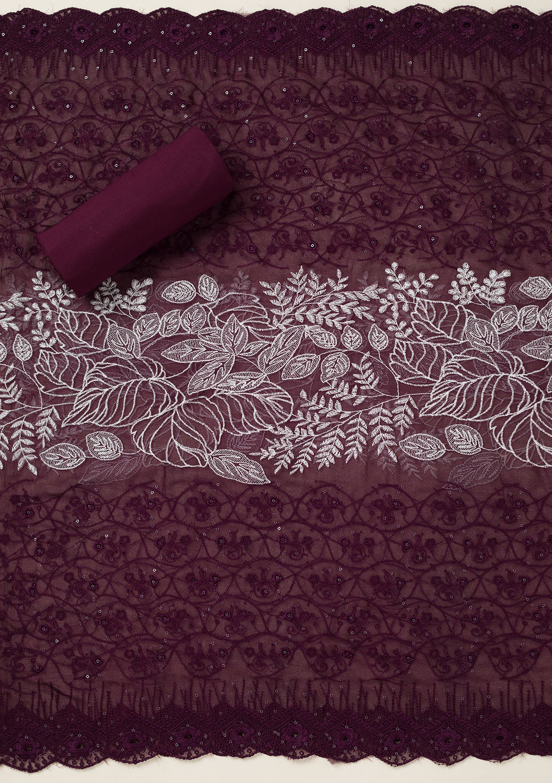 Wine Cotton Threadwork Unstitched Dress Material With Matching Bottom And Dupatta