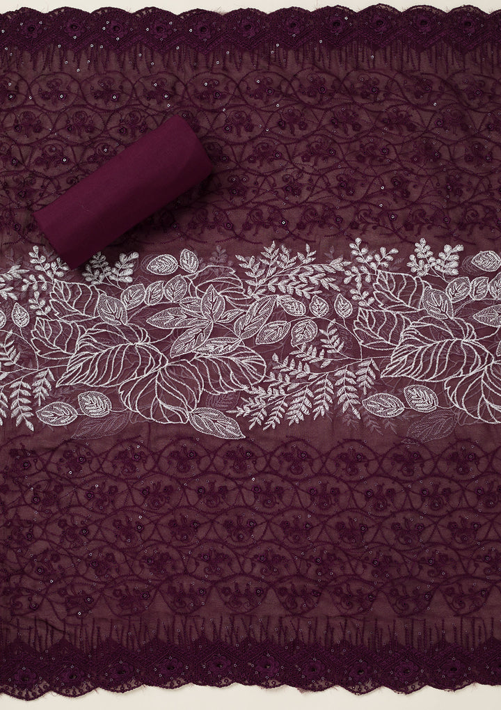 Wine Cotton Threadwork Unstitched Dress Material With Matching Bottom And Dupatta