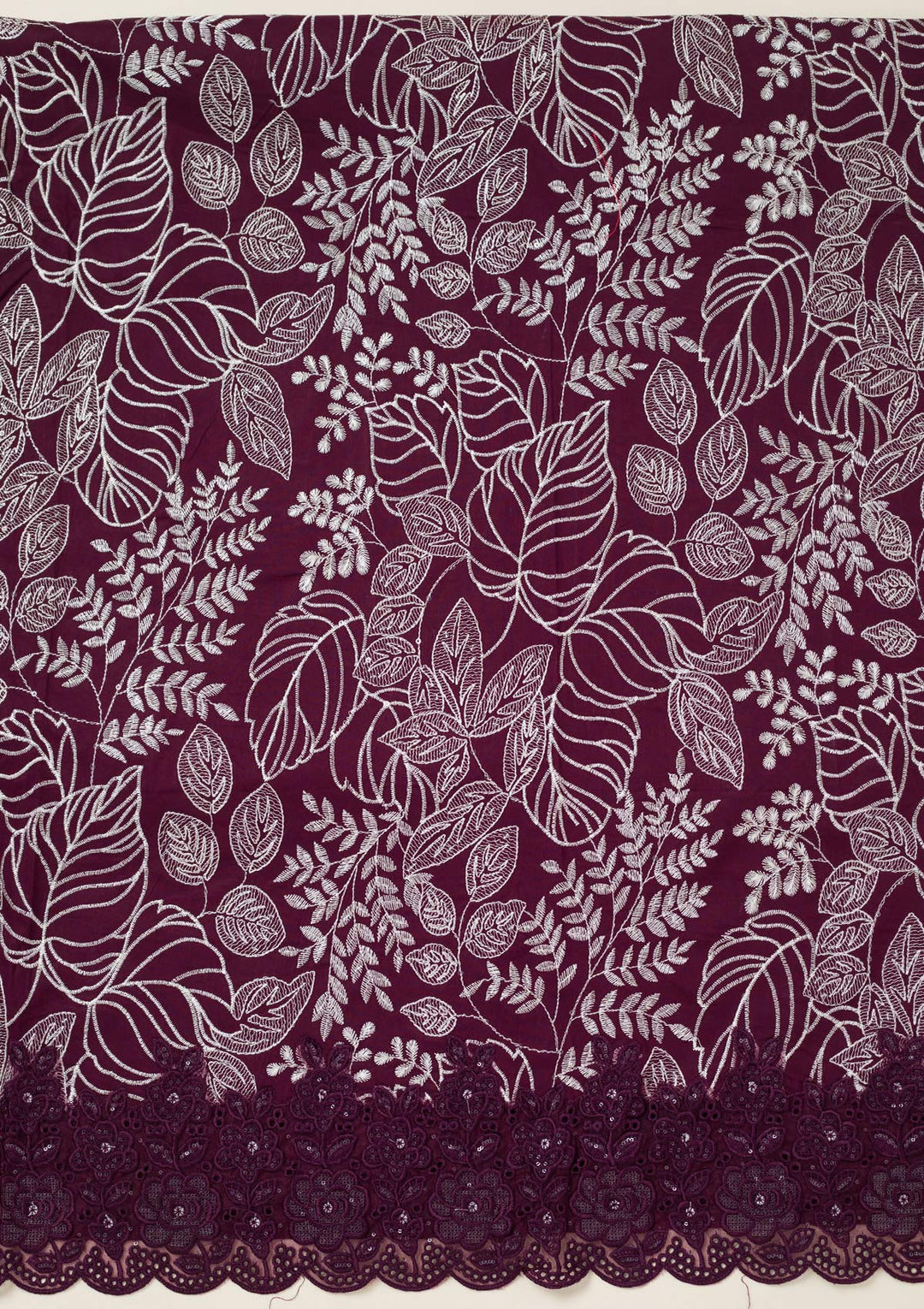 Wine Cotton Threadwork Unstitched Dress Material With Matching Bottom And Dupatta