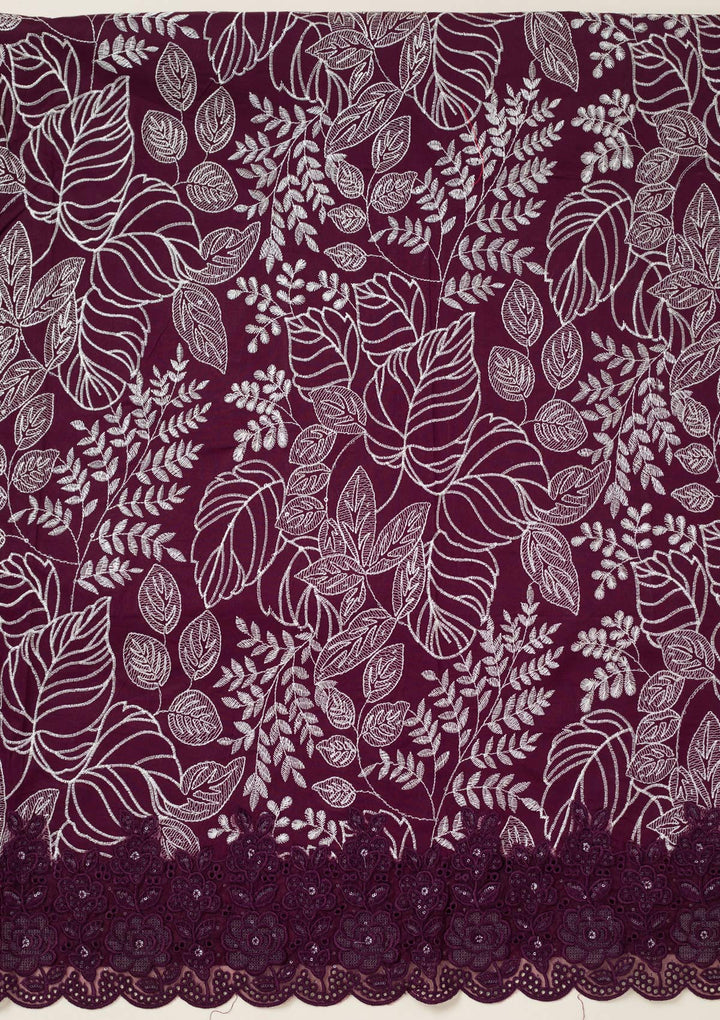 Wine Cotton Threadwork Unstitched Dress Material With Matching Bottom And Dupatta
