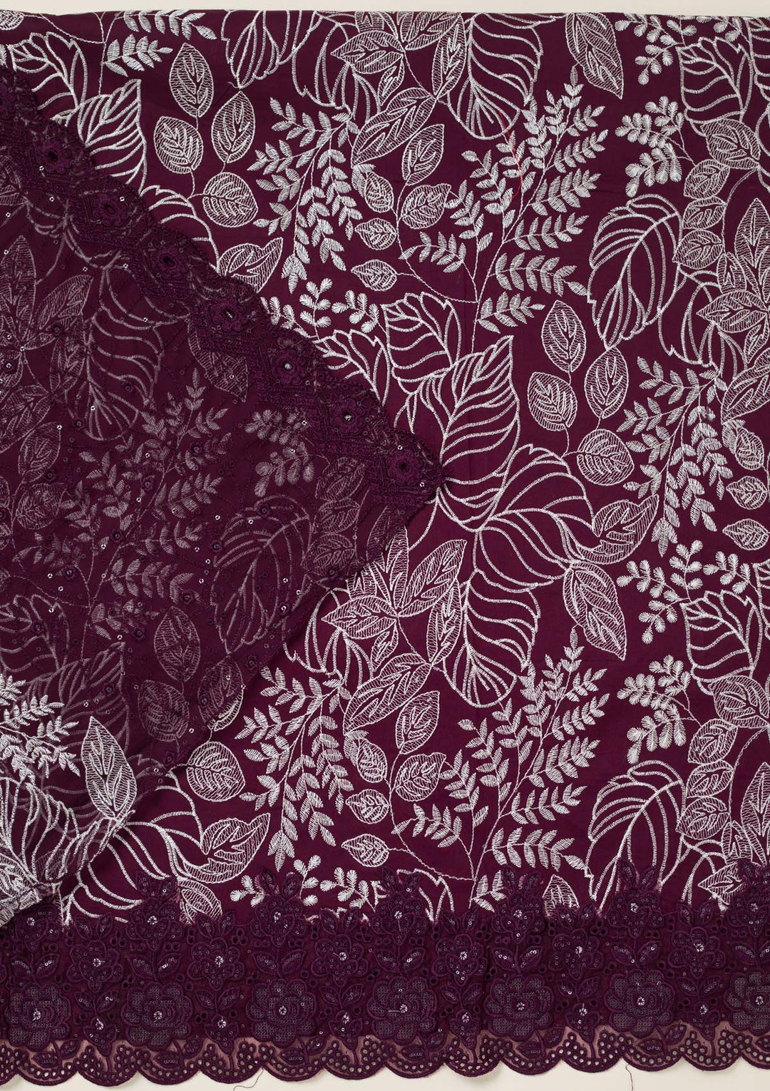 Wine Cotton Threadwork Unstitched Dress Material With Matching Bottom And Dupatta