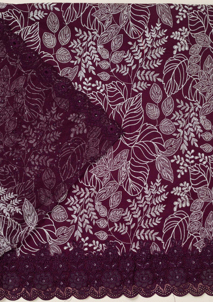 Wine Cotton Threadwork Unstitched Dress Material With Matching Bottom And Dupatta