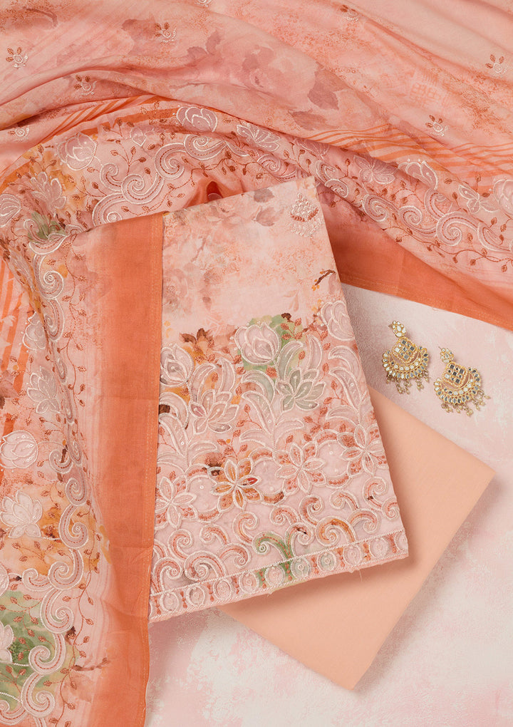 Peach Threadwork Linen Unstitched Salwar Suit