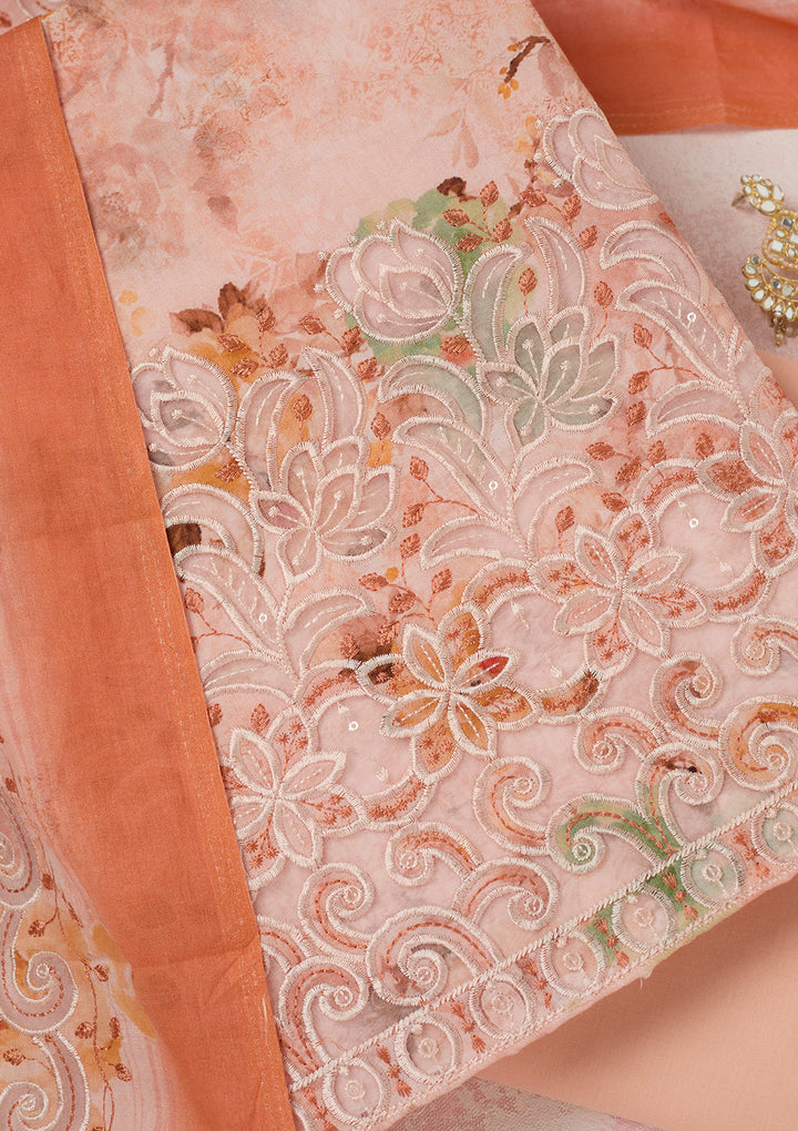 Peach Threadwork Linen Unstitched Salwar Suit