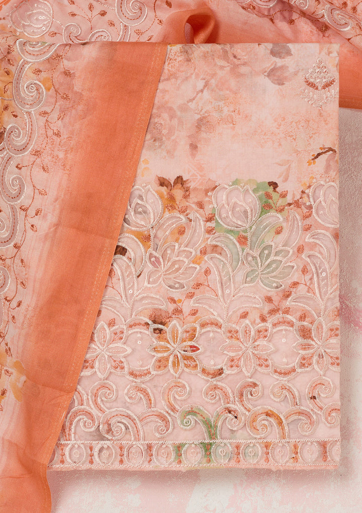 Peach Threadwork Linen Unstitched Salwar Suit