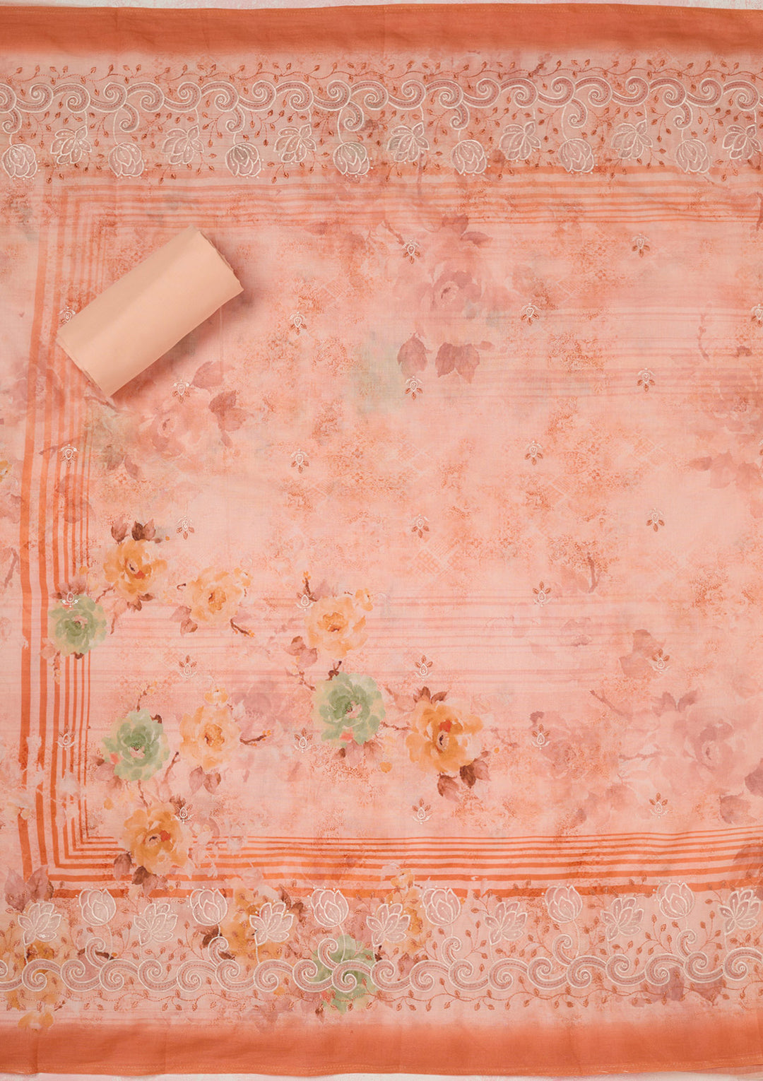 Peach Threadwork Linen Unstitched Salwar Suit