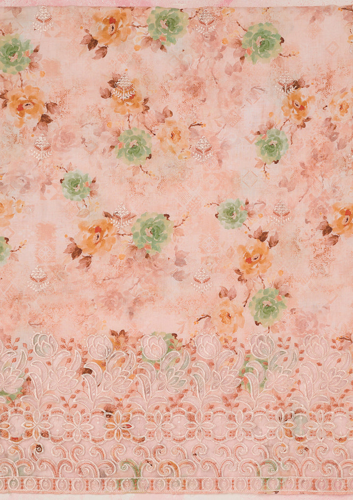 Peach Threadwork Linen Unstitched Salwar Suit