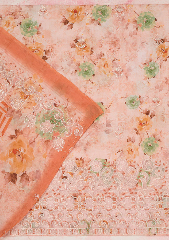 Peach Threadwork Linen Unstitched Salwar Suit