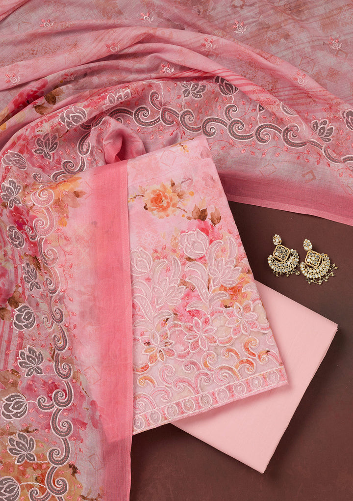 Pink Threadwork Linen Unstitched Salwar Suit