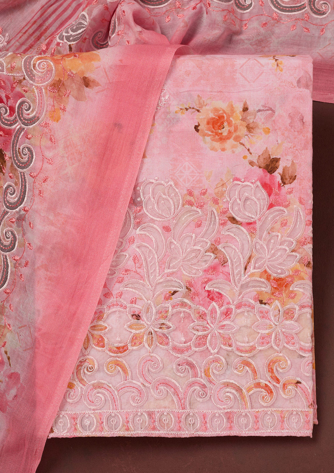 Pink Threadwork Linen Unstitched Salwar Suit