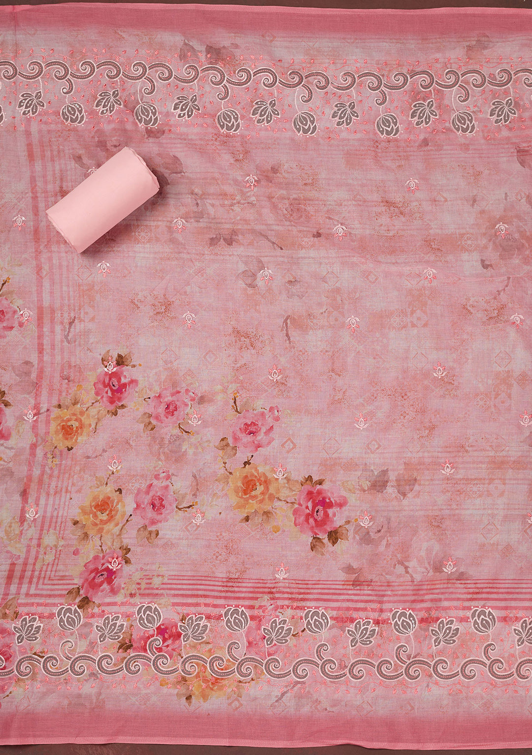 Pink Threadwork Linen Unstitched Salwar Suit