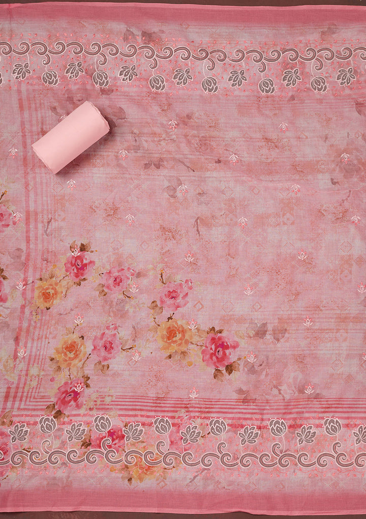 Pink Threadwork Linen Unstitched Salwar Suit