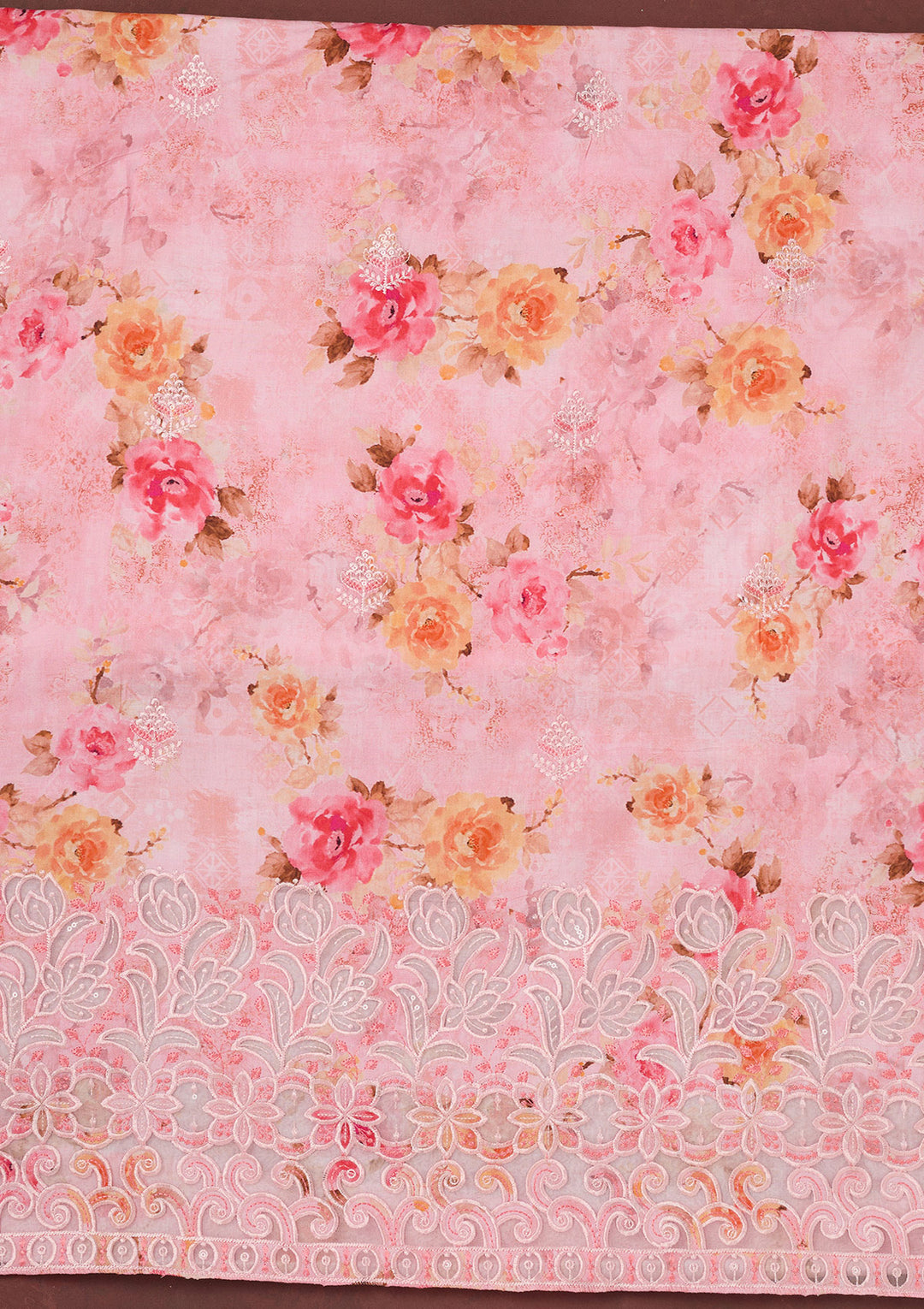 Pink Threadwork Linen Unstitched Salwar Suit