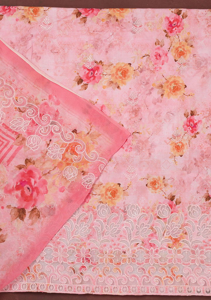 Pink Threadwork Linen Unstitched Salwar Suit