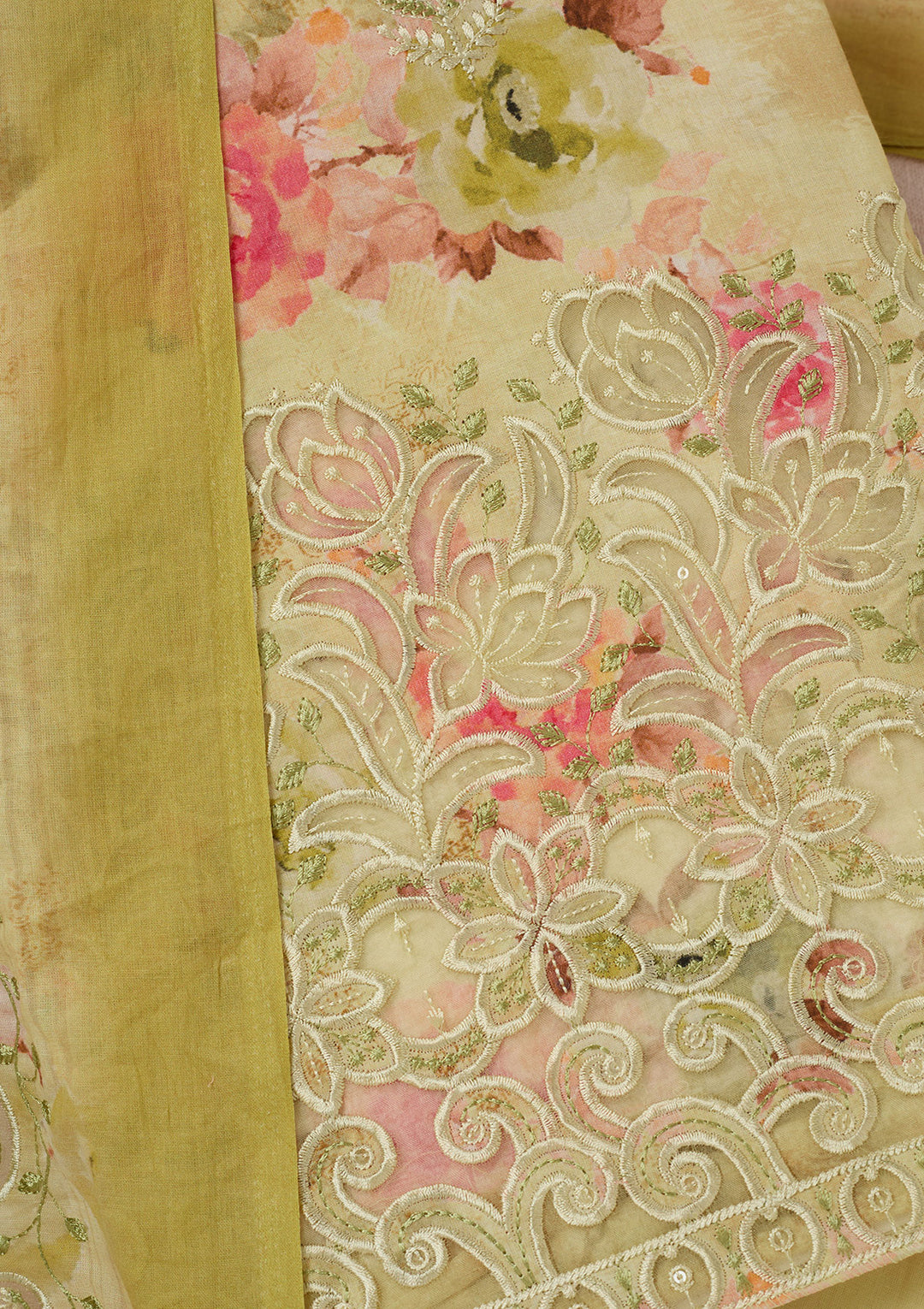 Pista Green Threadwork Linen Unstitched Salwar Suit