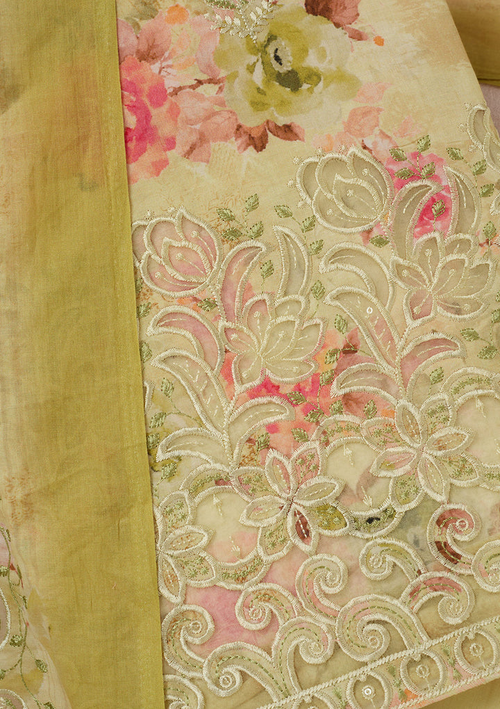 Pista Green Threadwork Linen Unstitched Salwar Suit