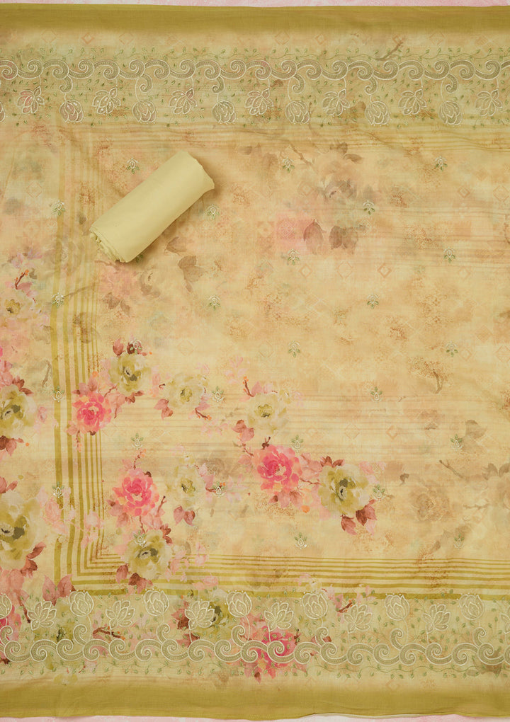 Pista Green Threadwork Linen Unstitched Salwar Suit