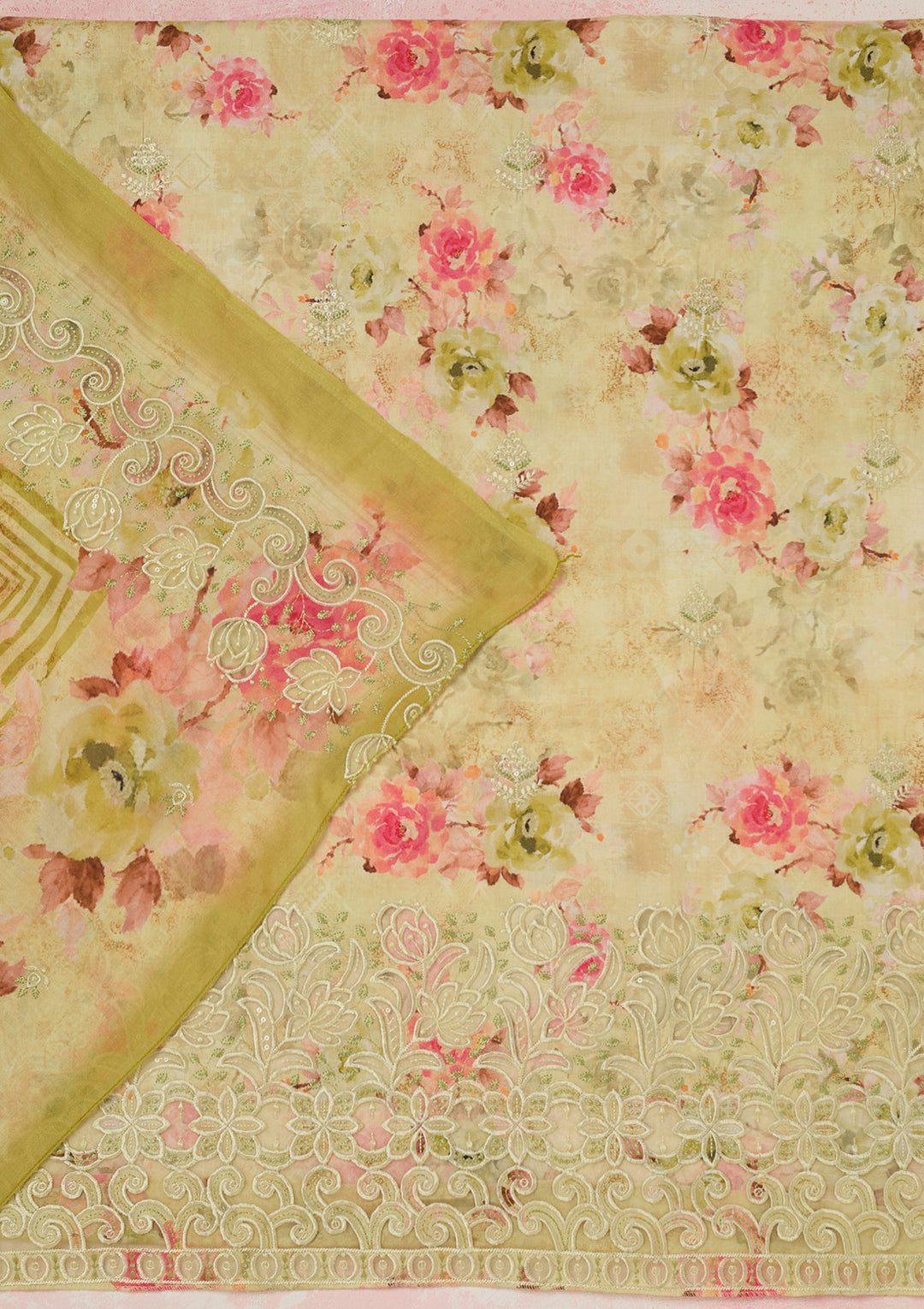 Pista Green Threadwork Linen Unstitched Salwar Suit