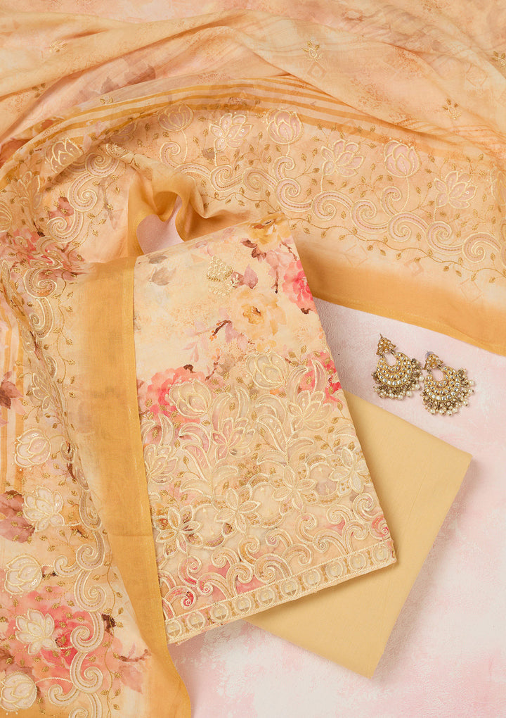 Yellow Threadwork Linen Unstitched Salwar Suit