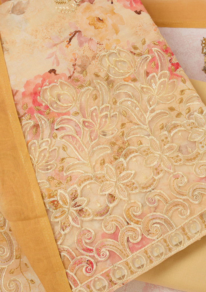 Yellow Threadwork Linen Unstitched Salwar Suit